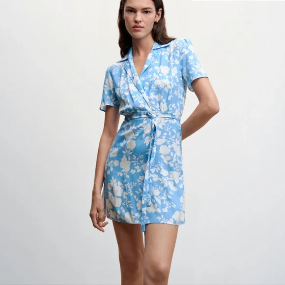 Mango | Dresses | Nwt Mango Blue And White Floral Belted Faux Wrap Dress Sz  68 | Poshmark
